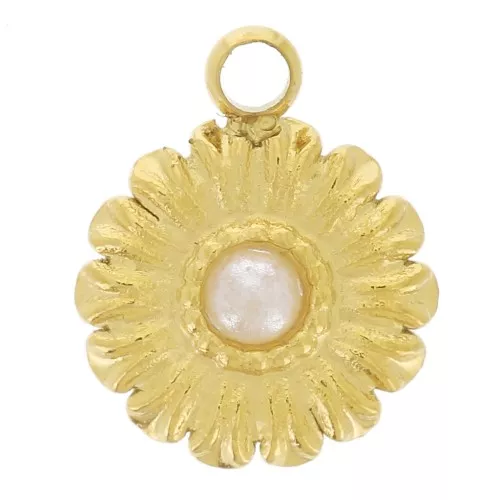 Breloque fleur 7 mm avec cabochon imitation nacre - Acier inoxydable 304L Doré x1