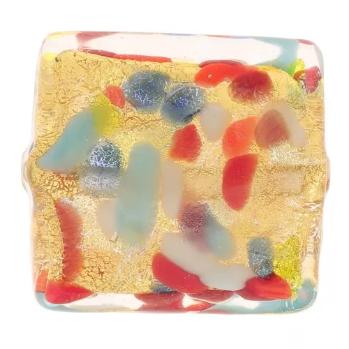 Perle de Murano carré - 15 mm - Arlequin et feuille d'or x1