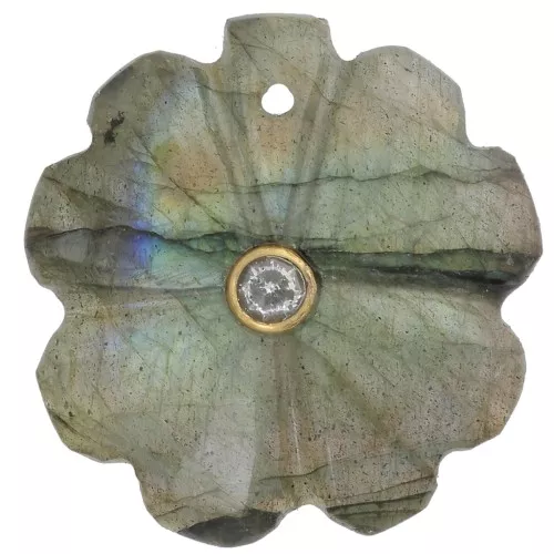 Pendentif trèfle 21 mm pierre gemme avec serti Doré Or fin - Labradorite - Crystal