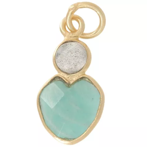 Pendentif coeur 9x9 mm en Amazonite et cabochon 4 mm Labradorite -Doré Or Fin x1