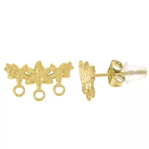 Clous d'oreilles fleurs 3 rangs 8x14 mm - Acier inoxydable 304L Doré x2