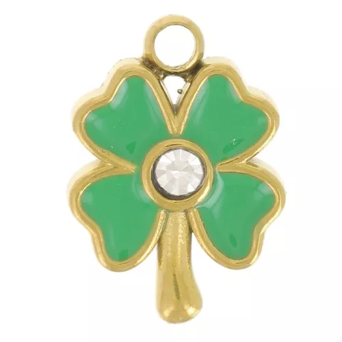 Breloque trèfle 10x7 mm - Résine époxy - Acier inoxydable 304L Doré - Vert x1