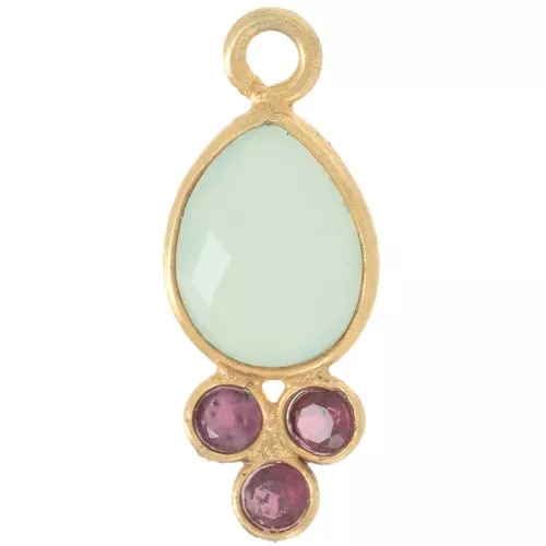 Pendentif goutte 18x7mm pierre gemme - Doré Or fin - Calcédoine et Grenat x1