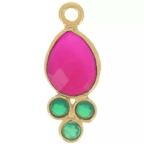 Pendentif goutte 18x7mm pierre gemme - Doré Or fin Calcédoine Rose & Onyx vert x1