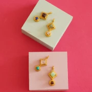 Pendentif ethnique 21x10 mm - Doré à l'or fin - Amazonite - Calcédoine rose x1