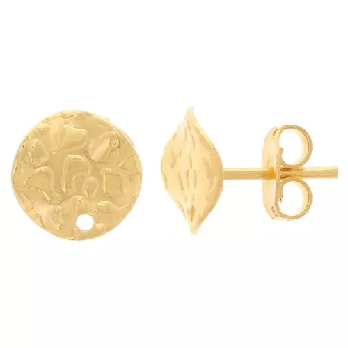 Clous d'oreilles disque martelé et ondulé avec un trou 10 mm Doré à l'or fin x2