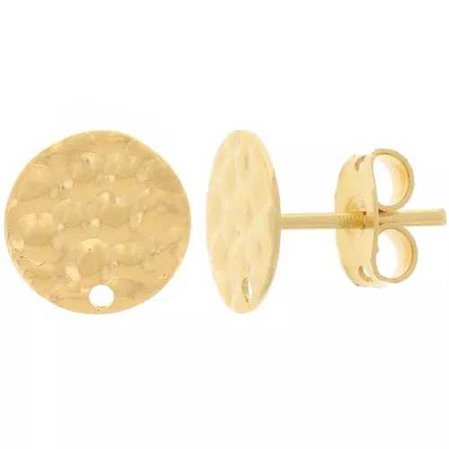 Clous d'oreilles disque martelé avec un trou - 10 mm - Doré à l'or fin x2