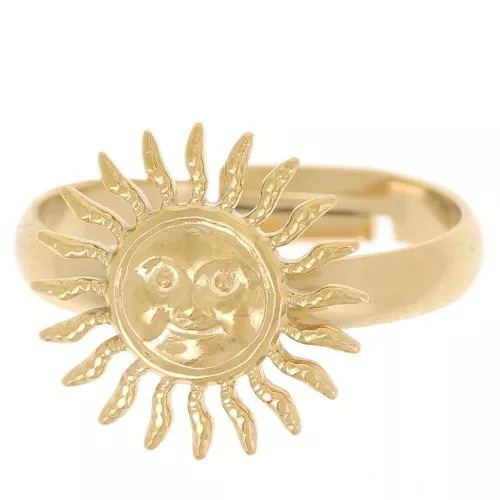 Bague soleil réglable - motif visage - Acier inoxydable 304L Doré x1