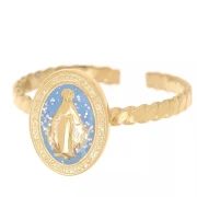 Bague réglable motif religieux T52 à T58 avec époxy - Acier inox 304 Doré - Bleu