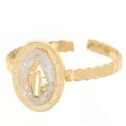 Bague réglable motif religieux T.52 à T58 avec époxy - Acier inox 304L Doré -Blanc