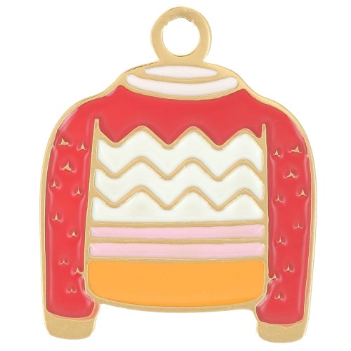 Breloque pull de Noël 18x15 mm Resine époxy - Acier inoxydable 316L Doré -Rouge x1