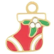 Breloque chaussette de Noël 13x11mm Resine époxy - Acier inox 316L Doré - Rouge x1