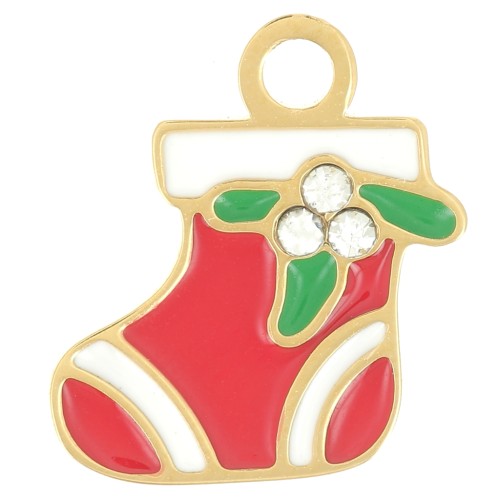 Breloque chaussette de Noël 13x11mm Resine époxy - Acier inox 316L Doré - Rouge x1