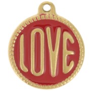 Pendentif rond LOVE - 18 mm - Résine époxy - Acier inoxydable 304L Doré - Rouge x1
