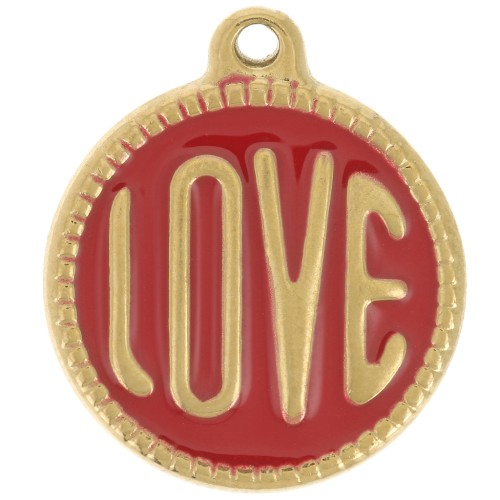 Pendentif rond LOVE - 18 mm - Résine époxy - Acier inoxydable 304L Doré - Rouge x1