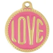 Pendentif rond LOVE - 18 mm - Résine époxy - Acier inoxydable 304L Doré - Rose x1