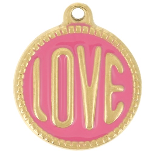 Pendentif rond LOVE - 18 mm - Résine époxy - Acier inoxydable 304L Doré - Rose x1