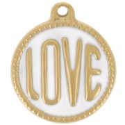 Pendentif rond LOVE - 18 mm - Résine époxy - Acier inoxydable 304L Doré - Blanc x1|raw }}