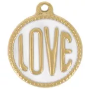 Pendentif rond LOVE - 18 mm - Résine époxy - Acier inoxydable 304L Doré - Blanc x1