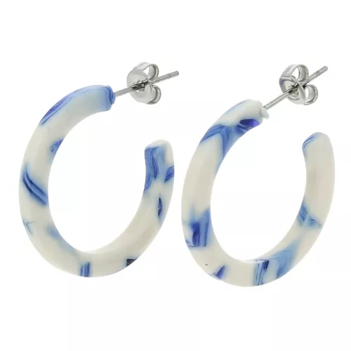 Créoles en acétate de cellulose 25 mm - Marbré Bleu - Blanc x2