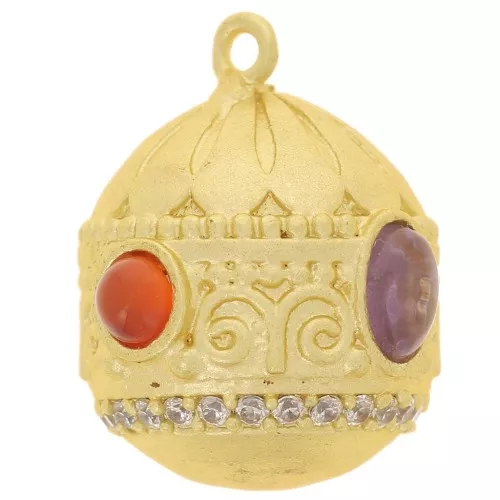 Pendentif ethnique 21x16mm CZ & pierre gemme - Doré Or fin - Cornaline - Amethyste