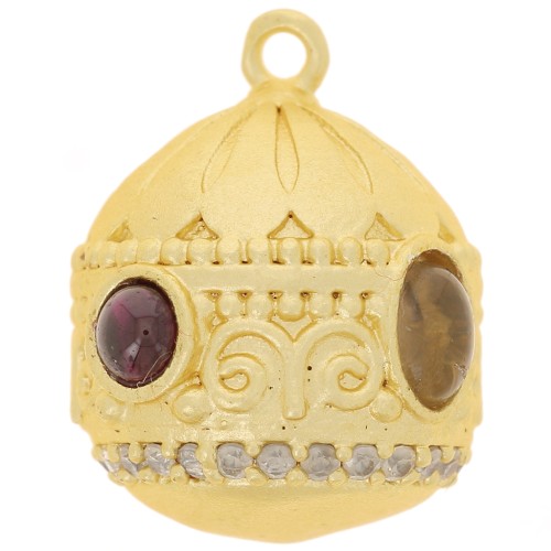 Pendentif ethnique 21x16mm CZ & pierre gemme - Doré Or fin - Grenat - Quartz fumé