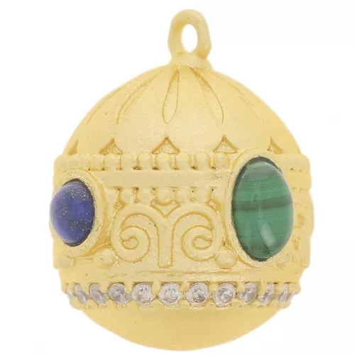 Pendentif ethnique 21x16mm CZ & pierre gemme - Doré Or fin - Malachite - Lapis