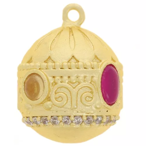 Pendentif ethnique 21x16mm CZ & pierre gemme Doré Or fin Citrine - Calcédoine rose
