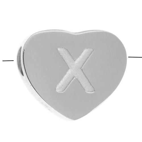 Perle lettre alphabet forme coeur 6x7 mm - X - Acier inoxydable 316L x1