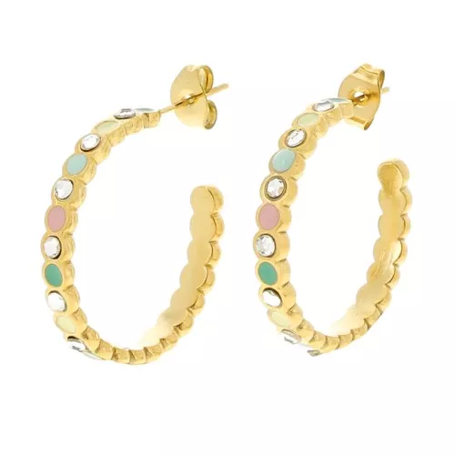 Créoles ouverte 25 mm avec résine époxy et strass - Acier inoxydable 304L Doré x2