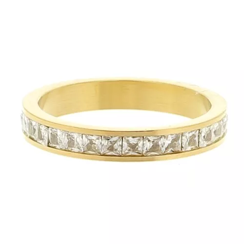 Bague fine avec oxydes de Zirconium - Taille 50 - Acier inox316L Doré - Crystal