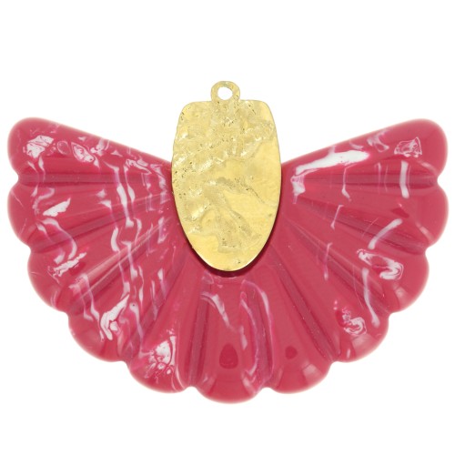 Pendentif éventail 28.5x40 mm en résine et Acier inox 316L Doré - Rouge marbré x1