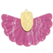 Pendentif éventail 28.5x40 mm en résine et Acier inox 316L Doré -Fuchsia marbré x1