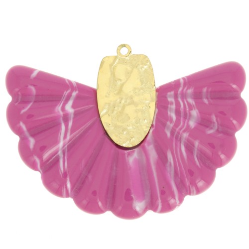 Pendentif éventail 28.5x40 mm en résine et Acier inox 316L Doré -Fuchsia marbré x1