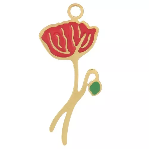 Pendentif Fleur de naissance 22x9.5 mm - Août - Coquelicot - Acier inox 304L Doré