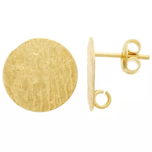 Clous d'oreilles disque martelé 15 mm avec anneau ouvert - Doré à l'or fin x2