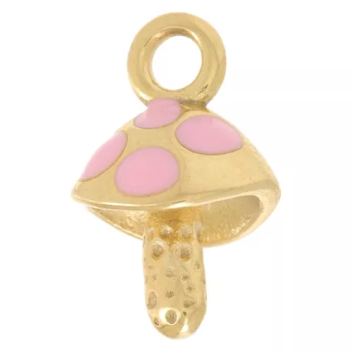 Breloque champignon 15x9 mm - Resine époxy - Acier inoxydable 304L - Doré - Rose