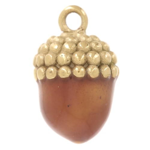 Breloque gland 12.5x7.5mm - Resine époxy - Acier inoxydable 316L - Doré - Marron