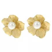 Boucles d'oreilles fleur 24 mm cabochon imitation nacre - Acier inox 304L Doré x2