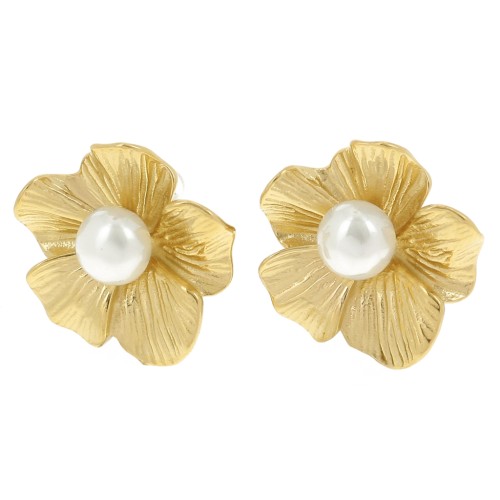 Boucles d'oreilles fleur 24 mm cabochon imitation nacre - Acier inox 304L Doré x2