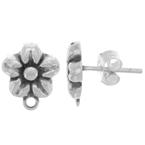Clous d'oreilles fleur 12x10 mm avec anneau fermé - Argent 925 Oxydé x2