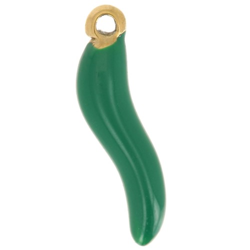 Breloque piment 15x4 mm Resine époxy - Acier inoxydable 316L Doré - Vert foncé x1