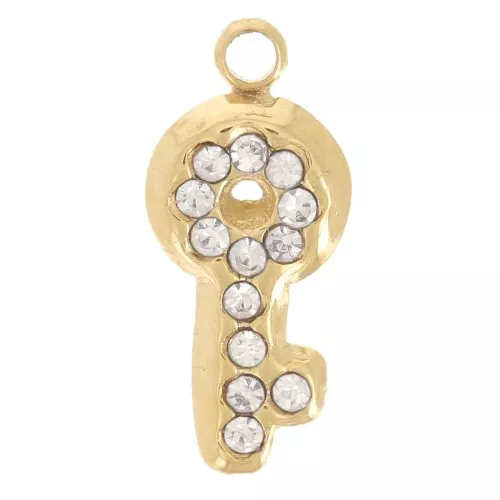 Breloque clé 12x5 mm avec strass - Acier inoxydable 304L Doré x1