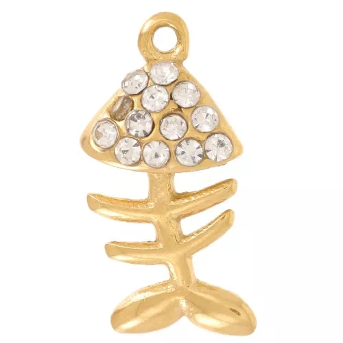 Breloque arête de poisson 14x7 mm avec strass - Acier inoxydable 316L Doré x1