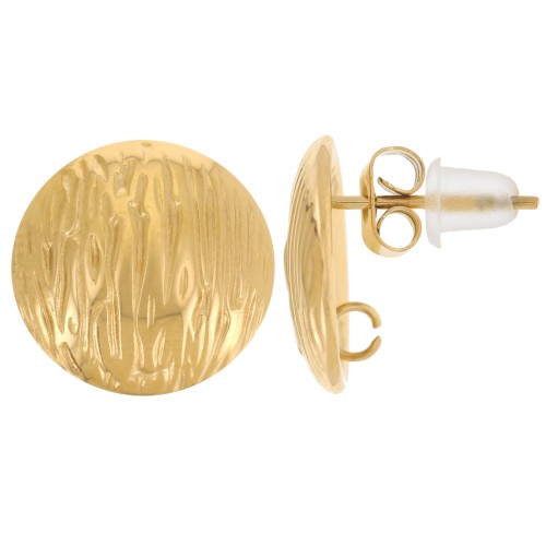 Clous d'oreilles rond striés 13 mm avec anneau ouvert - Acier inox 304L Doré x2