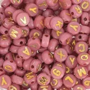 Assortiment de 200 perles plates lettres alphabet 7 mm - Rose foncé - Doré