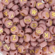Assortiment de 200 perles plates lettres alphabet 7 mm - Vieux rose - Doré|raw }}