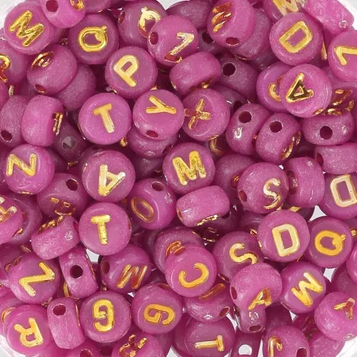 Assortiment de 200 perles plates lettres alphabet 7 mm - Framboise - Doré