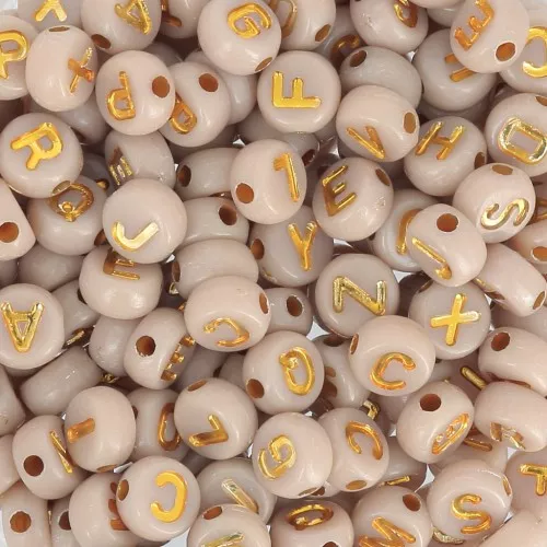 Assortiment de 200 perles plates lettres alphabet 7 mm - Beige - Doré