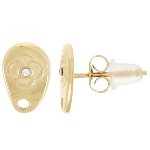 Clous d'oreilles goutte irregulière 10x6.5mm avec strass - Acier inox 316L Doré x2